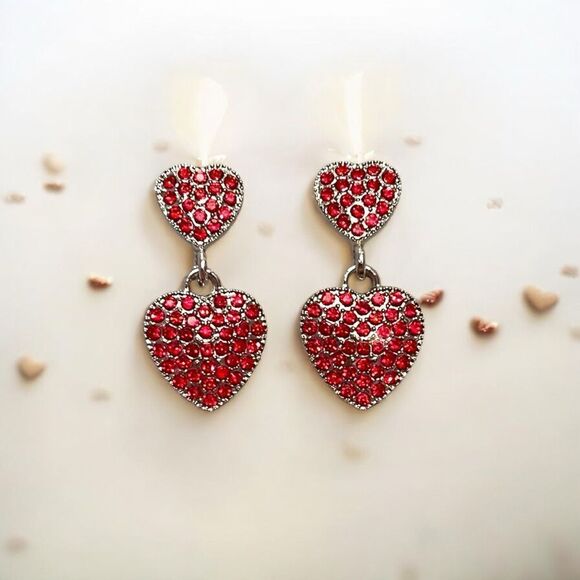 Red Rhinestone Double Heart Silver Tone Dangle Earrings - Picture 1 of 2